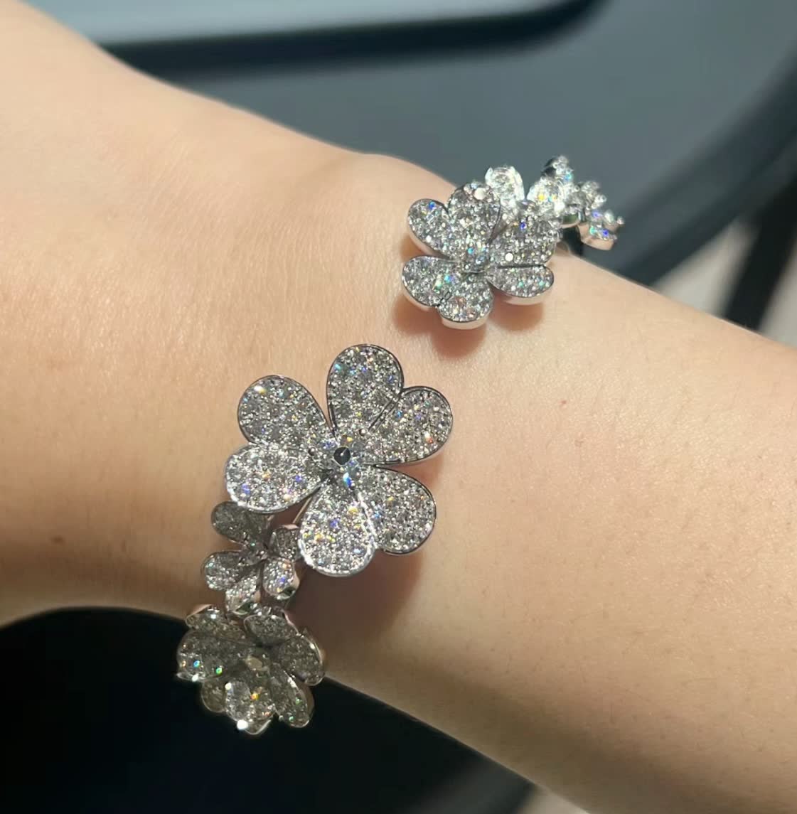 Van Cleef & Arpels Silver Flower Bracelet with Diamonds